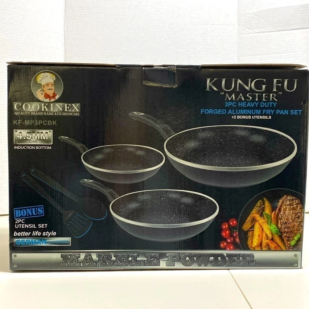 $99 NEW! Heavy Duty Forged Aluminum Fry Pan 3 Piece Set + 2 Bonus Utensils